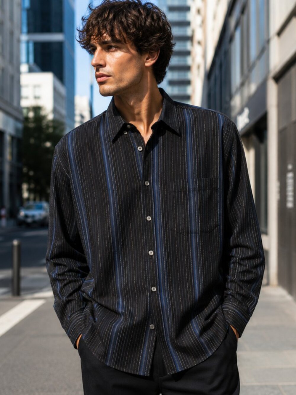 Mens Button Up Dress Shirt L Classic Fit Blue Black Stripe Minimalist Workwear